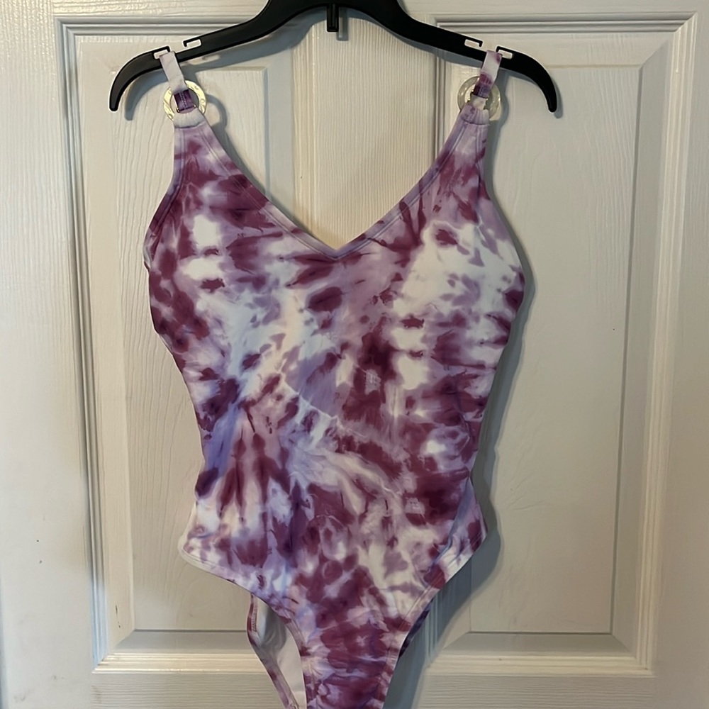 Freshwater purple and white one piece bathing suit size small